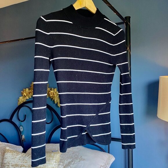 Black w White Stripes Stretchy Mock Turtleneck Sweater - Picture 1 of 6
